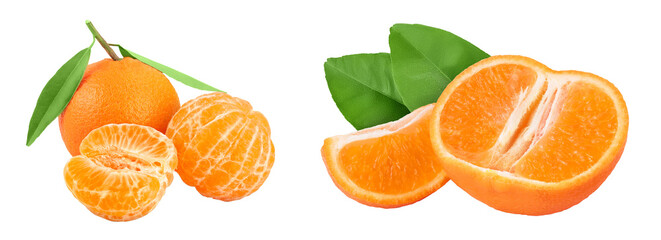 Tangerine or clementine with green leaf isolated on white background with full depth of field.