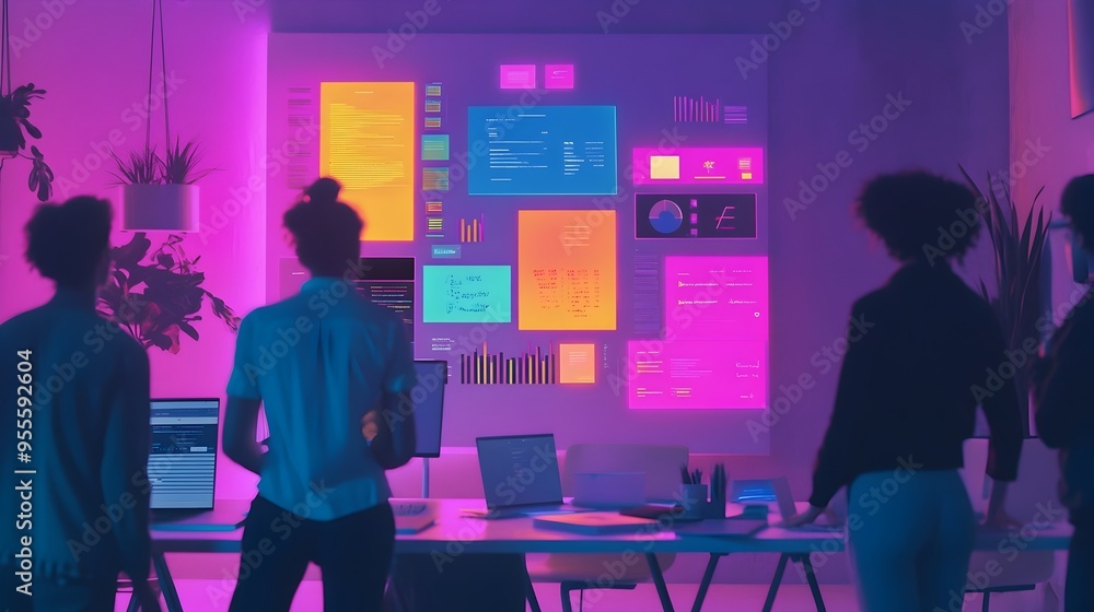 Poster neon hued website mockups arranged on whiteboard during lively ux design ideation session