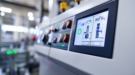 The control panel, equipped with various buttons and a digital display, oversees equipment operation in the manufacturing area