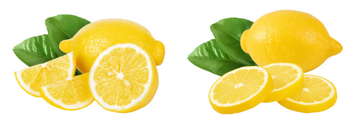 Fototapeta premium Ripe lemon with half and slices isolated on white background with full depth of field.