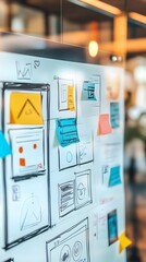 Vibrant Hand Drawn Website Wireframe on Glass Whiteboard Showcasing Lively UX Design Brainstorming