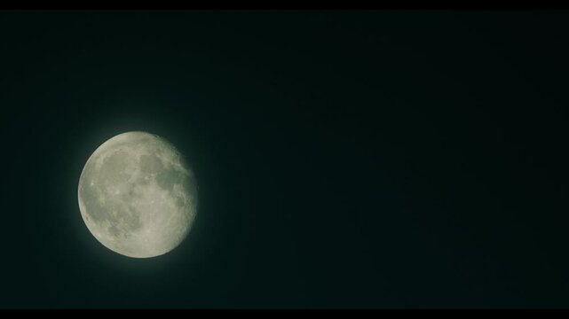 A large glowing full moon hangs in the night sky, its surface covered in craters and texture. Close-up. Super moon