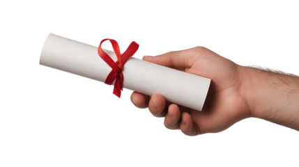 Hand holding graduation diploma with red bow isolated on transparent background