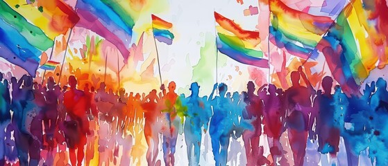 The concept of an LGBT pride parade is brought to life in a watercolor masterpiece, featuring an array of rainbow flags and festive participants in honor of Pride Month