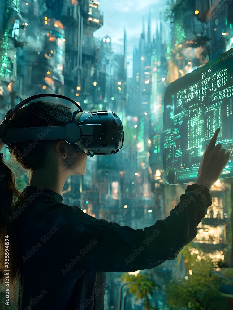Aufkleber vr user interacting with 3d website prototype in solarpunk inspired lush green metropolis