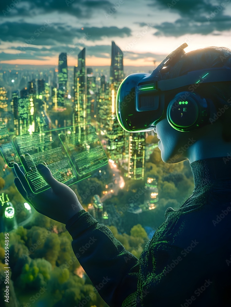 Poster immersive vr user interacting with 3d website prototype in solarpunk inspired futuristic metropolis