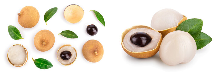 Fresh longan fruit with leaves isolated on white background. Top view. Flat lay