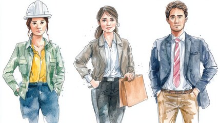 Watercolor illustration of three different professionals together in work attire
