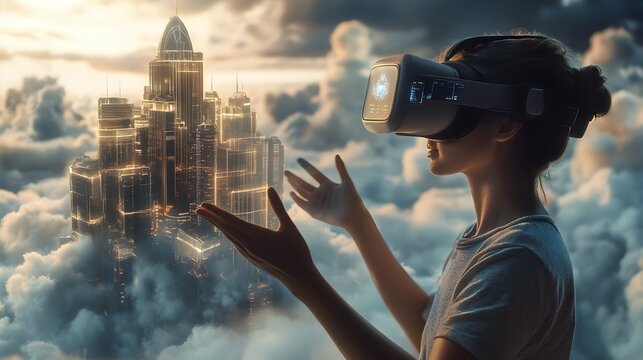VR User Interacting with Hyper Detailed 3D Web in Retrofuturistic Art Deco City