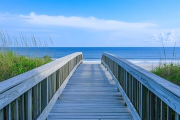 Obraz premium Nc Sc. Serene Waterfront Park Boardwalk in North Carolina overlooking the Sea