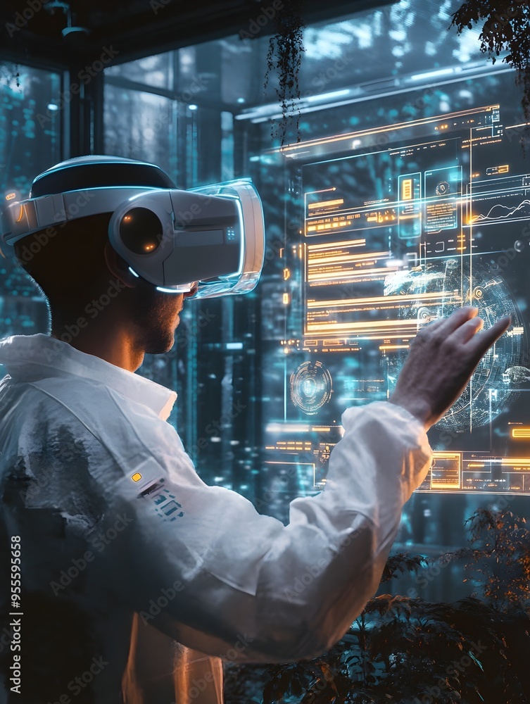 Poster virtual reality user interacting with futuristic 3d website with intuitive controls and holographic