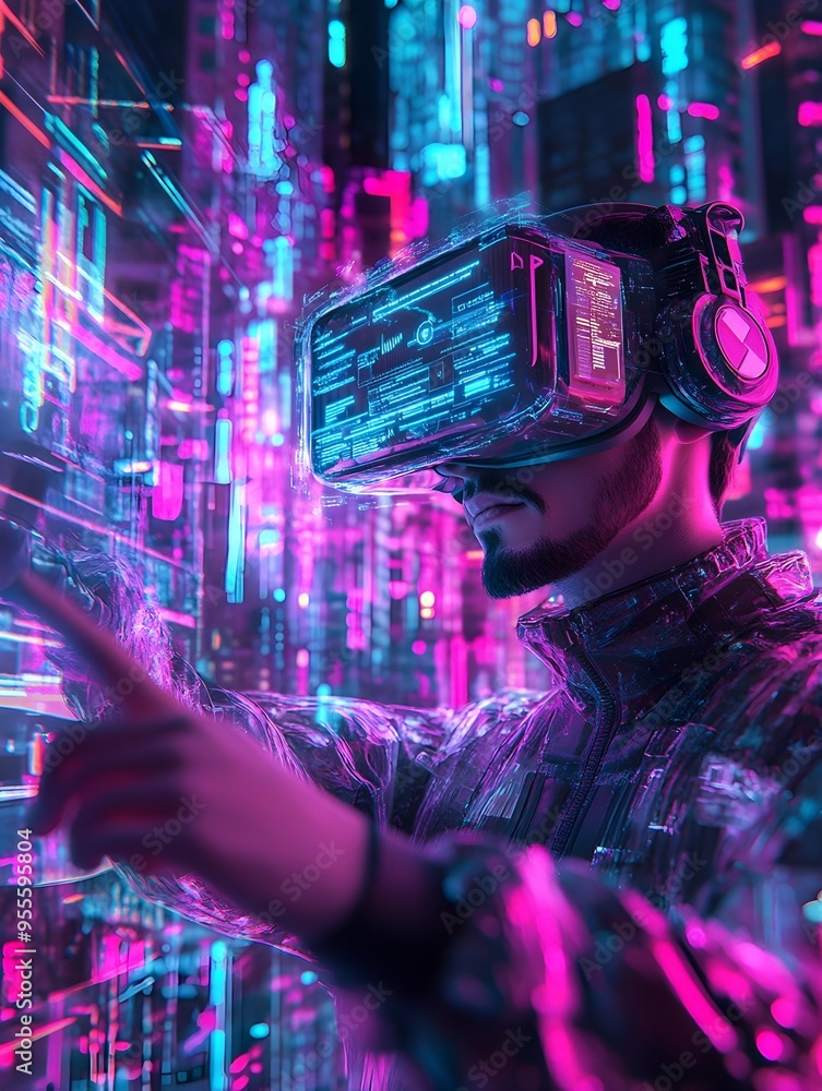 Poster futuristic virtual reality manipulation of intricate 3d website model with seamless gesture