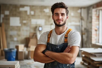 Obraz premium Confident young man in work clothes, arms crossed in construction site, renovation project
