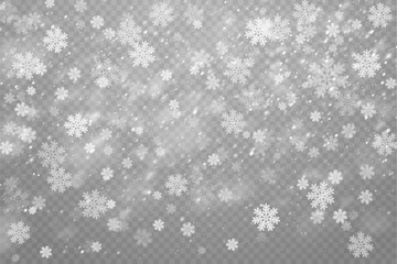 Christmas snowflakes on a transparent background. Snow flakes, snow background. Heavy snowfall, snowflakes in different shapes and forms.