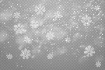 Christmas snowflakes on a transparent background. Snow flakes, snow background. Heavy snowfall, snowflakes in different shapes and forms.
