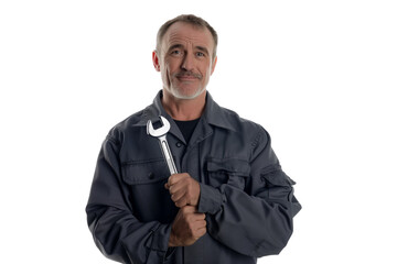 Mature mechanic holding wrench in grey uniform smiling confidently