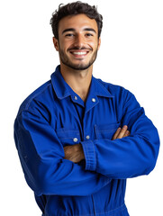 Smiling worker in blue uniform crossing arms, confident expression
