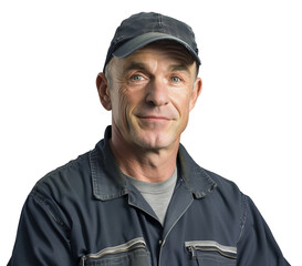 Middle-aged man in work uniform and black cap smiling confidently