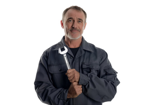 Mature mechanic holding wrench in grey uniform smiling confidently
