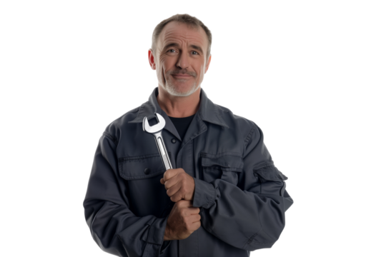 Mature mechanic holding wrench in grey uniform smiling confidently
