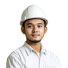 Confident young male engineer in white safety helmet 