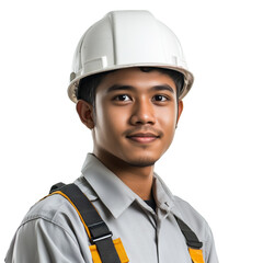 Young male  engineer in white hard hat and safety gear, smiling