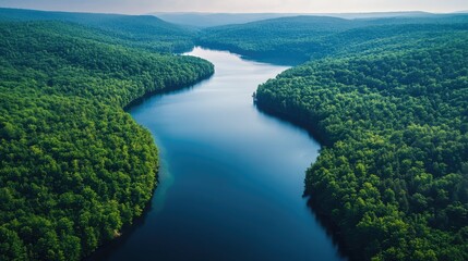 An aerial view of a large lake with a winding shoreline, surrounded by dense forest and hills.