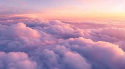 ethereal aerial view of a dreamlike cloudscape at sunset layers of cotton candy pink and lavender clouds stretching to the horizon bathed in a soft golden glow from the setting sun