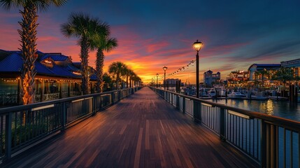 Fototapeta premium Kemah Texas. Sunset at the Boardwalk with Palm Trees by the Waterfront