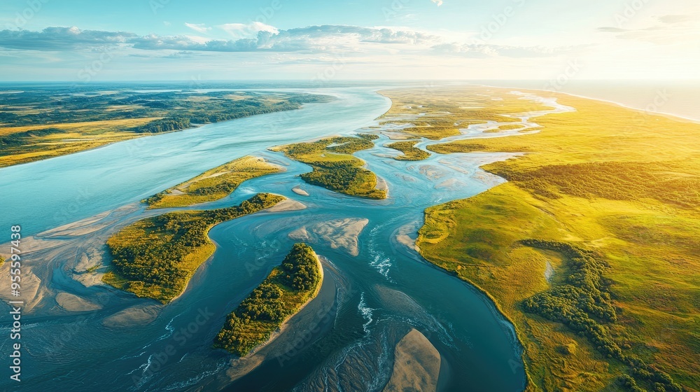 Poster an aerial view of a river delta with winding channels flowing into the ocean, creating a natural pat