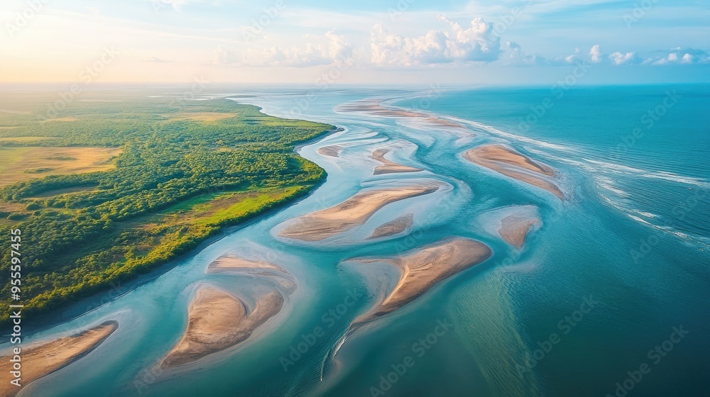 Poster an aerial view of a river delta with winding channels flowing into the ocean, creating a natural pat