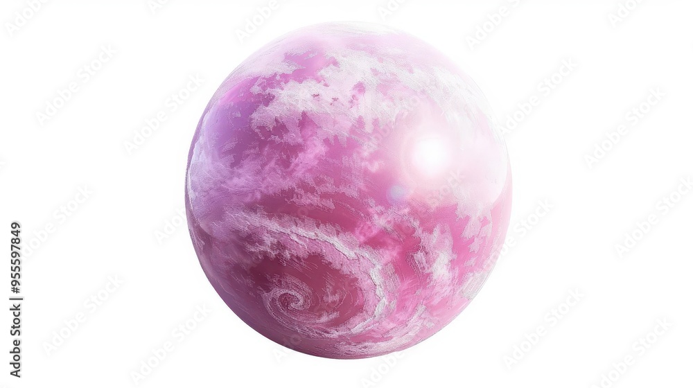 Poster ethereal pink planet isolated on stark white background smooth glossy surface with subtle craters an