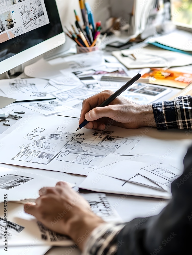 Poster professional web designer sketching layout concepts with pencil and ink
