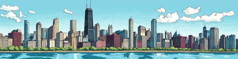 Naklejka premium Chicago Skyline Cartoon. Hand Drawn Color Panorama of Chicago City Landscape with Skyscrapers
