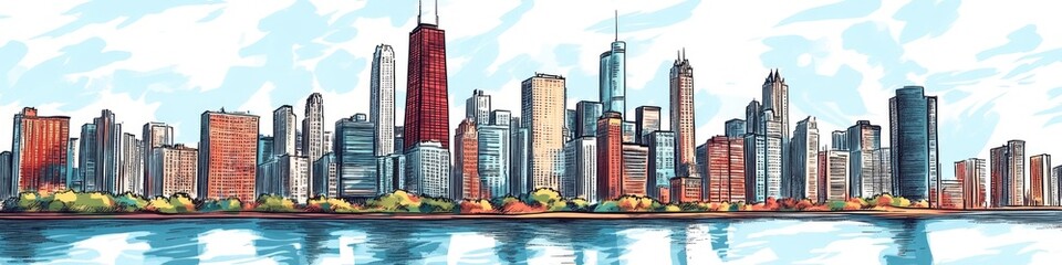 Fototapeta premium Chicago Skyline Cartoon. Hand Drawn Color Panorama of City Landscape with Skyscrapers