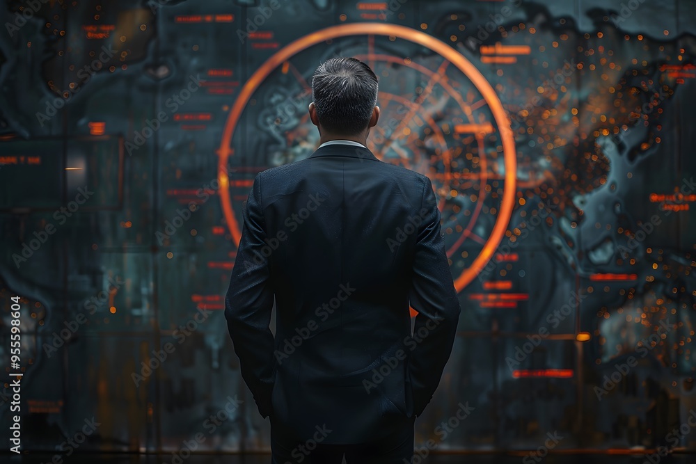 Poster a businessman analyzing global data against a high-tech map