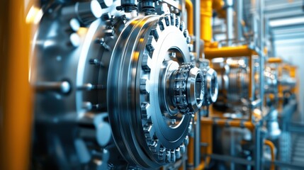 Fototapeta premium Detailed view of precision gears and mechanical parts in an industrial manufacturing facility, highlighting intricate engineering design