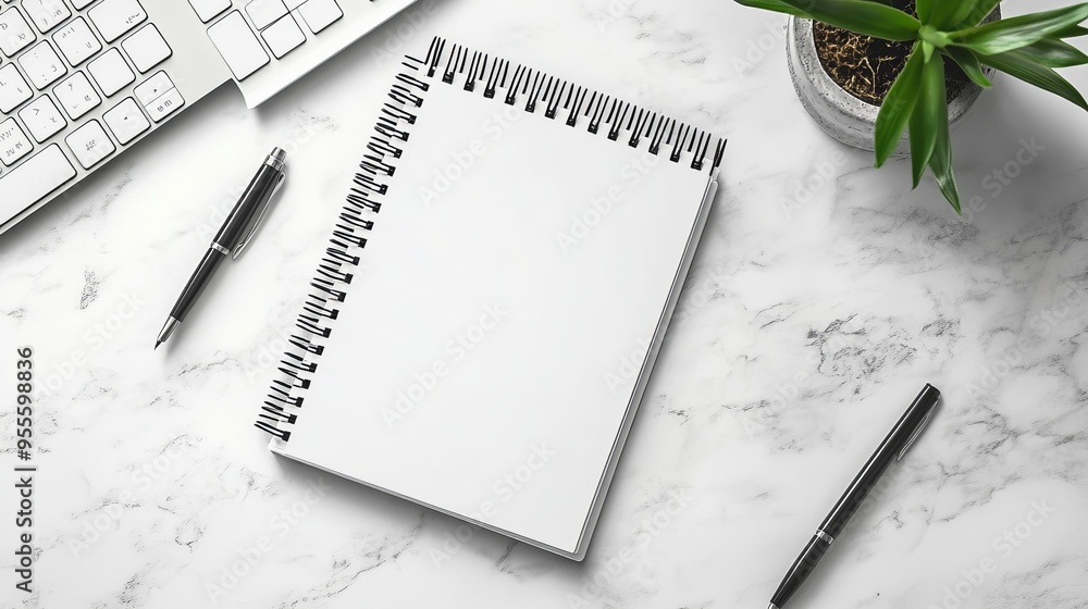 Poster empty spiral notebook near keyboard and pen