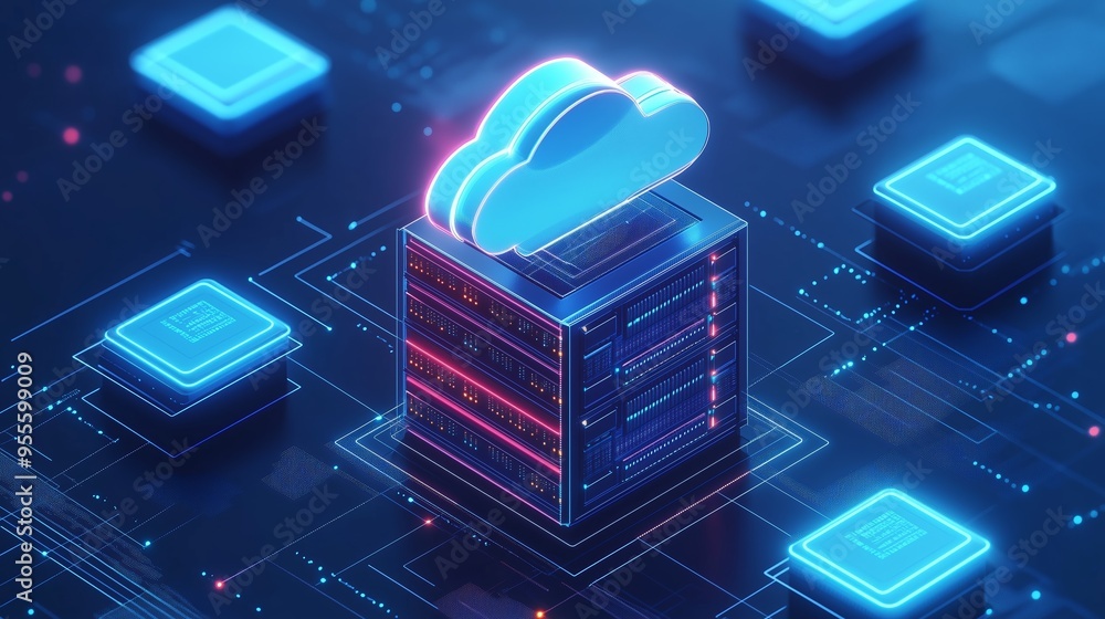 Aufkleber digital cloud computing technology with data servers and circuits glowing in neon blue and pink colo