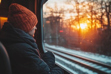 A contemplative man wearing a warm knitted hat gazes out the window of a train as the sun sets, casting a warm glow over the snowy winter landscape.
