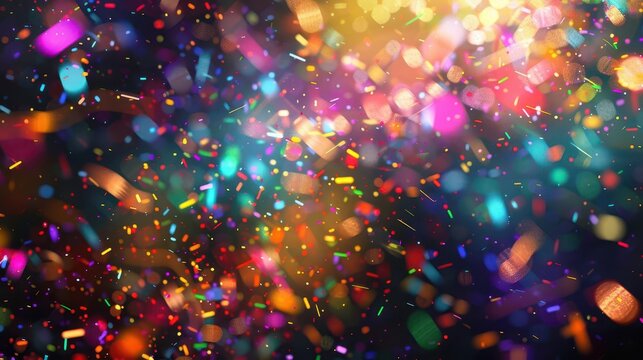 explosive burst of colorful confetti and streamers in dark space shimmering particles vibrant hues sense of celebration and joy abstract energetic composition