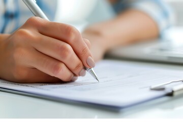 Close-up of a businesswoman's hand writing on a document with a pen in a professional setting, emphasizing focus, precision, and attention to detail in paperwork and administrative tasks