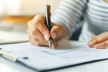 Businesswoman's hand writing on a form with a black pen, showcasing the precision and focus required for administrative tasks, documentation, and office work in a professional environment