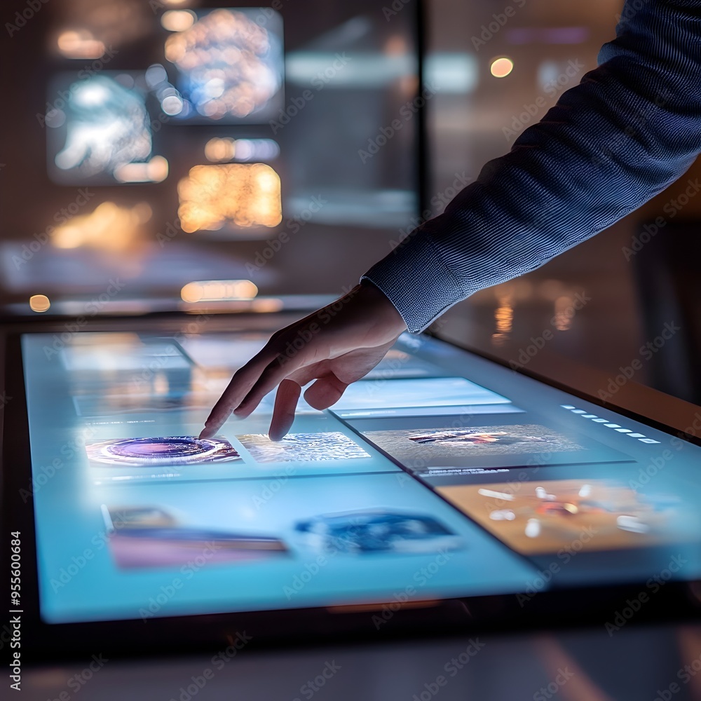 Poster meticulously crafted website interface explored on expansive touchscreen