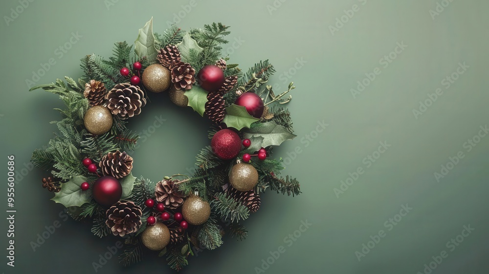 Poster festive evergreen wreath adorned with shimmering ornaments and rustic pinecones elegantly displayed 