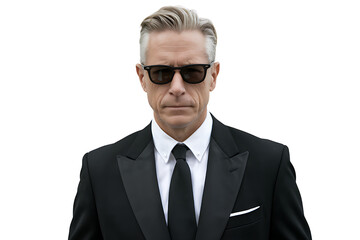 mature man wearing a black suit and dark sunglasses on transparent background