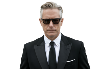 mature man wearing a black suit and dark sunglasses on transparent background
