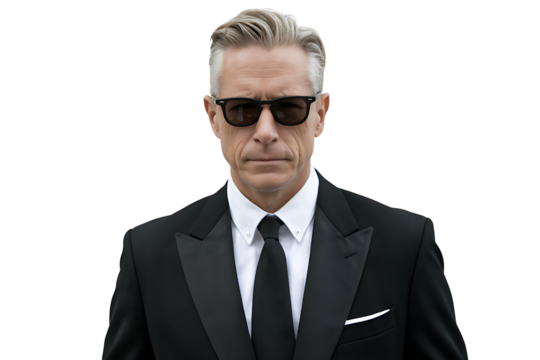 mature man wearing a black suit and dark sunglasses on transparent background