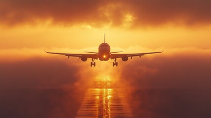 Fototapeta premium An airplane taking off at sunrise, with the golden light reflecting off the aircraft's body, signifying the start of a journey.