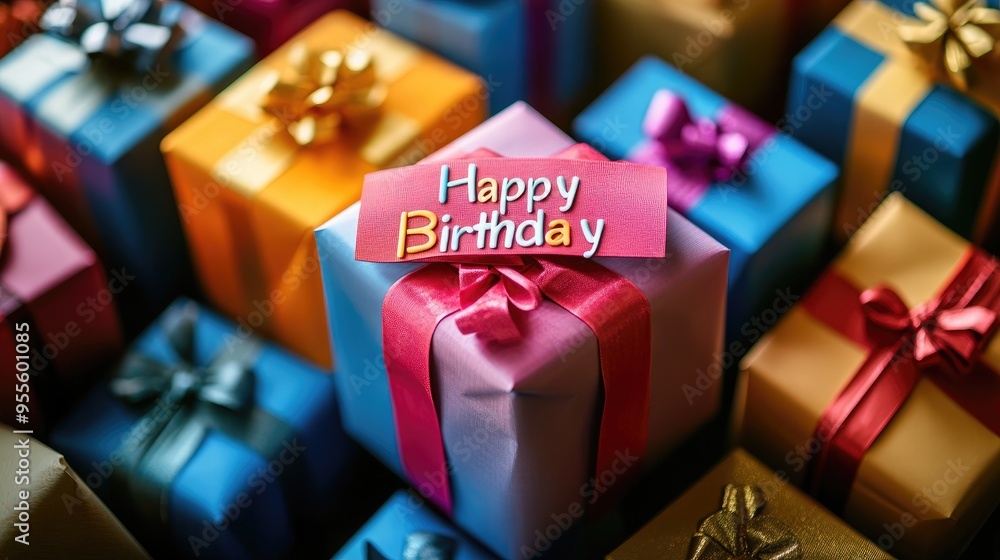 Aufkleber an array of wrapped gifts in vibrant colors with 